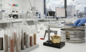 Equipos de laboratorio para ensayos de mecánica de suelos y clasificación granulométrica.