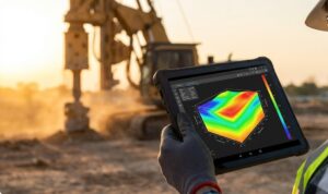 Ingeniero geotécnico sosteniendo una tablet resistente que muestra un modelo geológico 3D en tiempo real, con una máquina de perforación trabajando en el fondo durante el atardecer.
