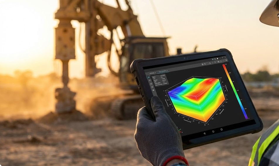 Ingeniero geotécnico sosteniendo una tablet resistente que muestra un modelo geológico 3D en tiempo real, con una máquina de perforación trabajando en el fondo durante el atardecer.
