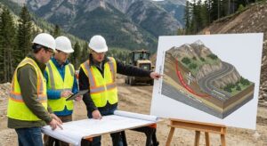 Ingenieros civiles revisando un gráfico de análisis de estabilidad de taludes con superficie de falla circular y planos de obra en una carretera de montaña.